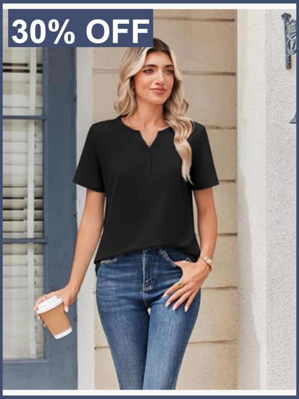Womens V Neck Short Sleeve Blouse Summer Dressy Casual Henley Top - Picture 2 of 6